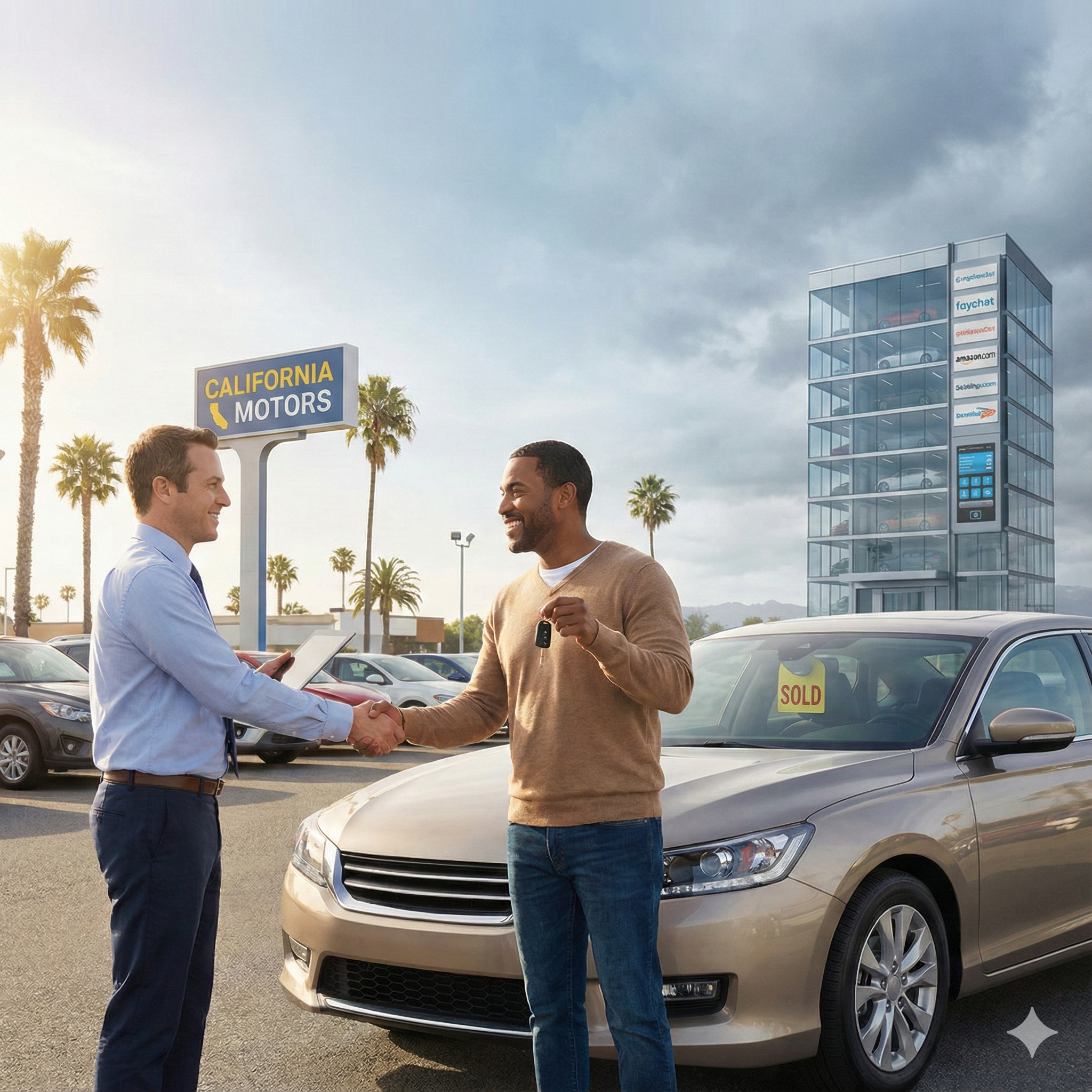 two guys closing the deal on a car in front of a big used car dealer