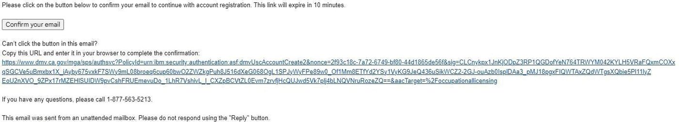 DMV account confirmation email