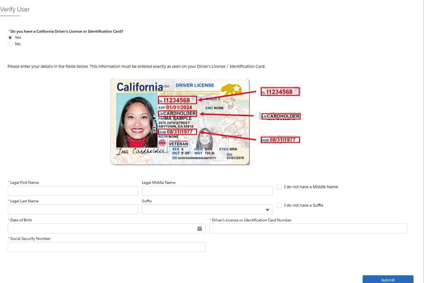Entering information from your California ID or driver's license