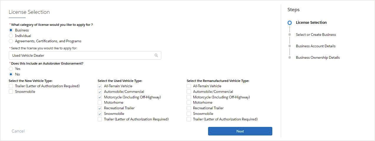 Selecting your business type when applying for a new license