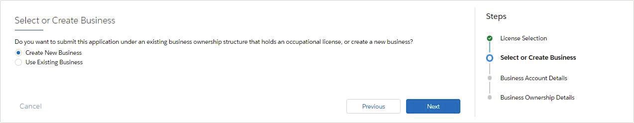 Selecting the type of license to apply for