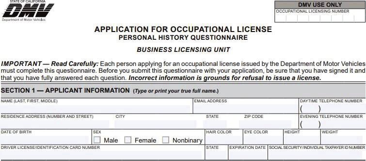 Section 1 applicant information portion of the OL 29B