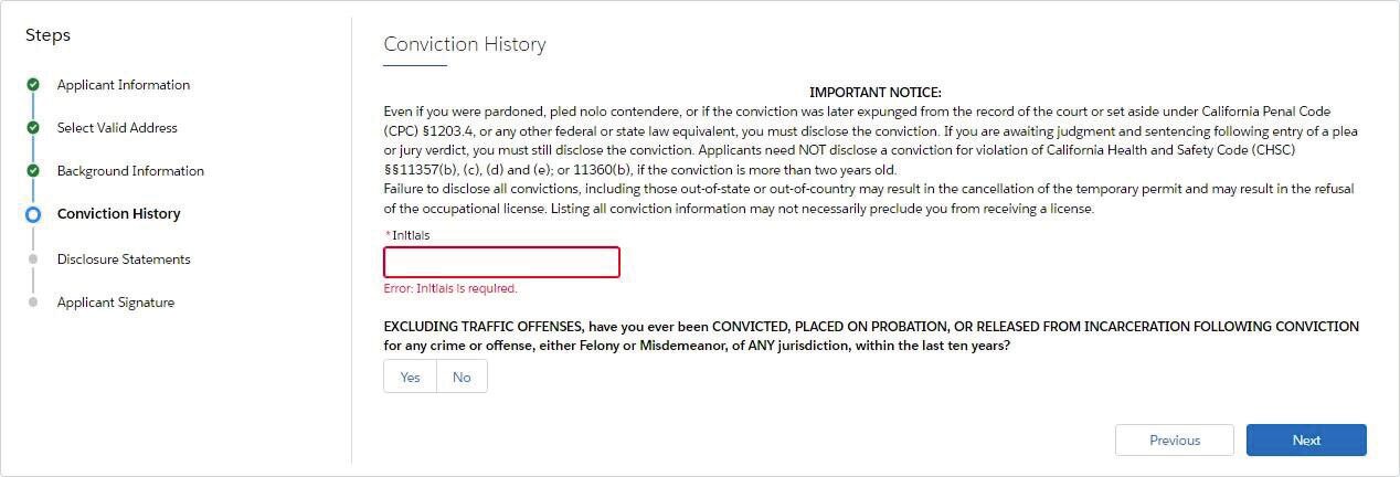 Conviction history portion of the OL 29B