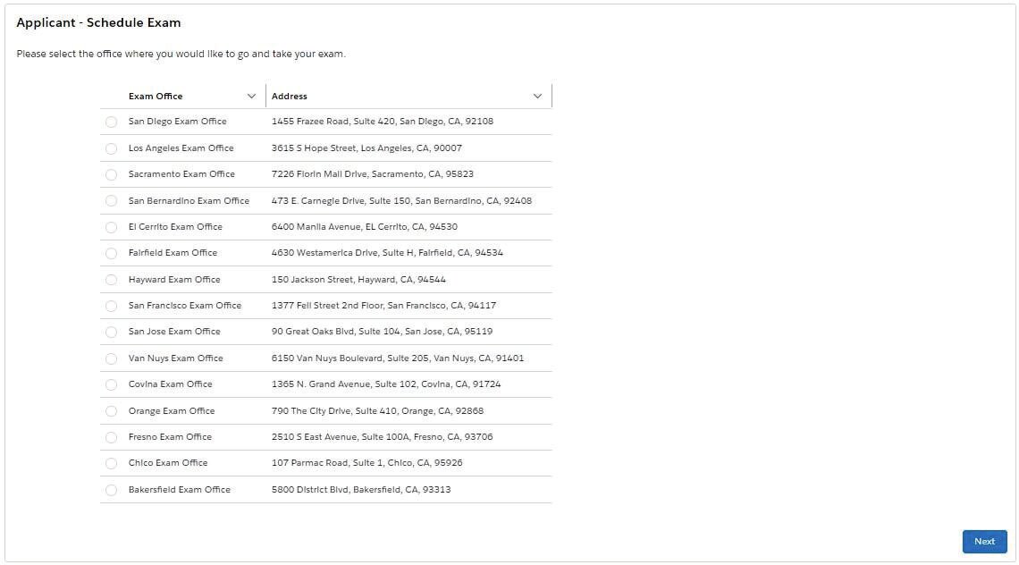 Available date and time options for scheduling your exam