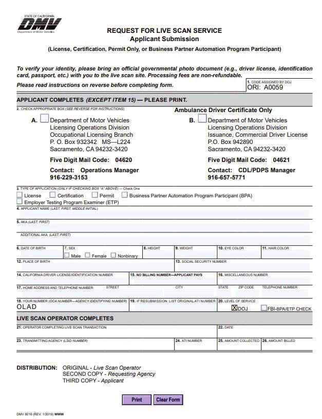 DMV 8016 Request for Live Scan Clearance Receipt