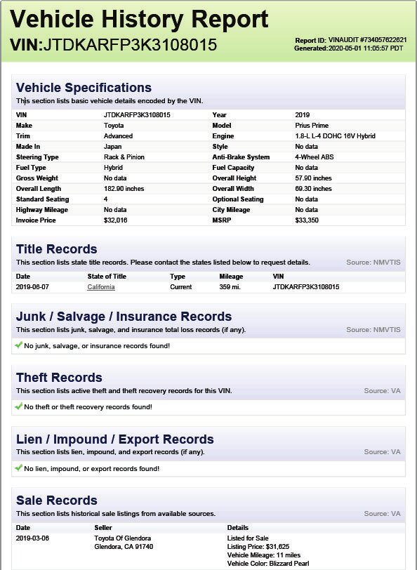 NMVTIS vehicle history report example