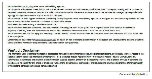 NMVTIS vehicle history report example