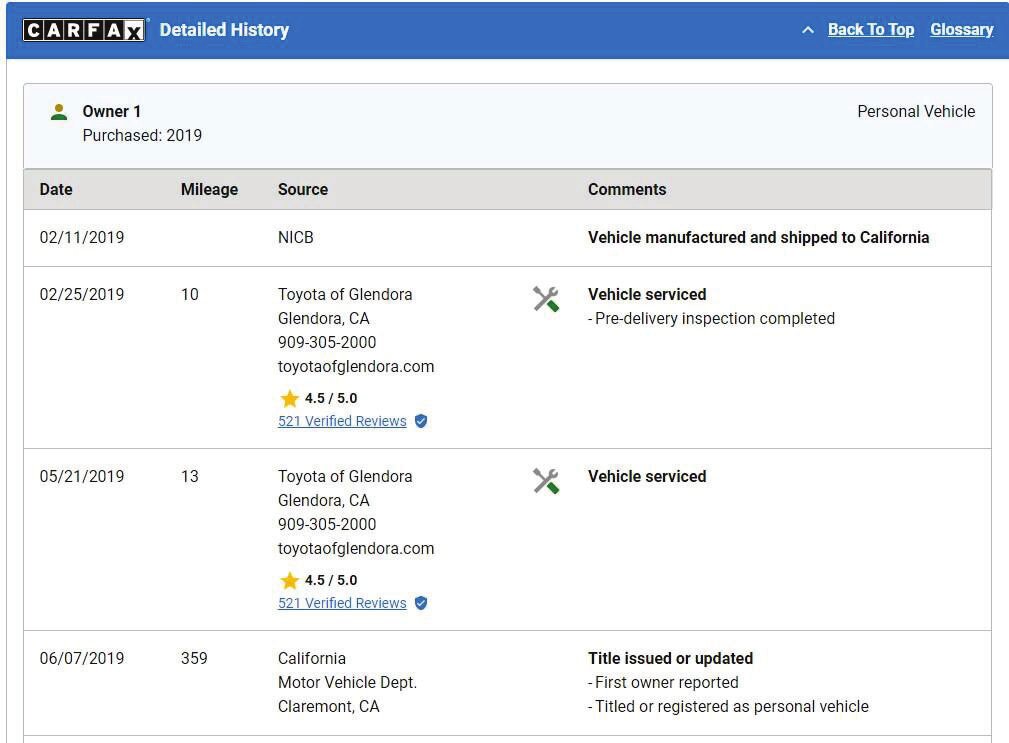 Carfax vehicle history report example