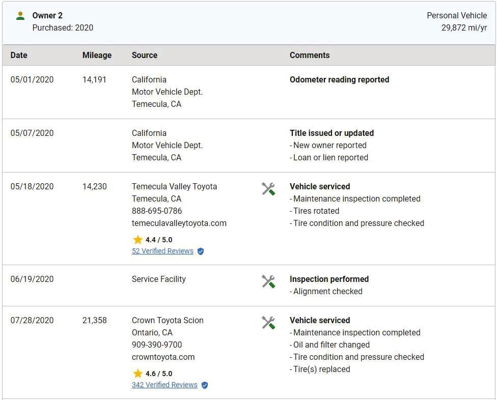 Carfax vehicle history report example