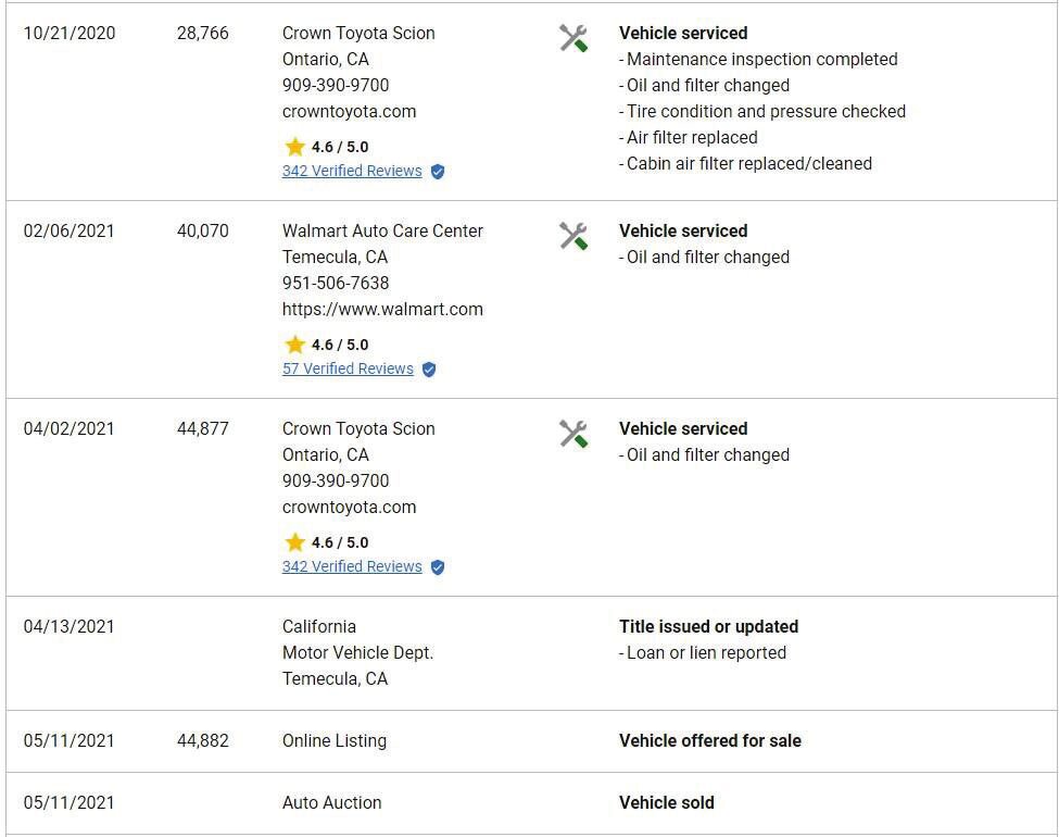 Carfax vehicle history report example