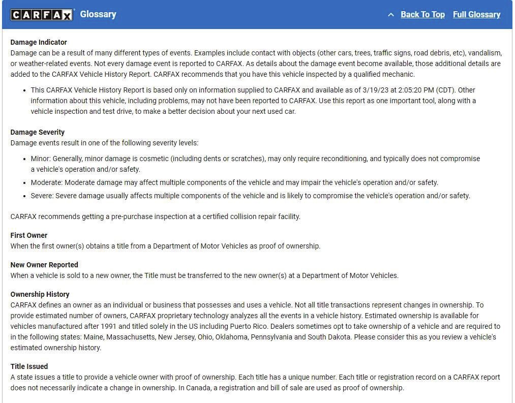 Carfax vehicle history report example