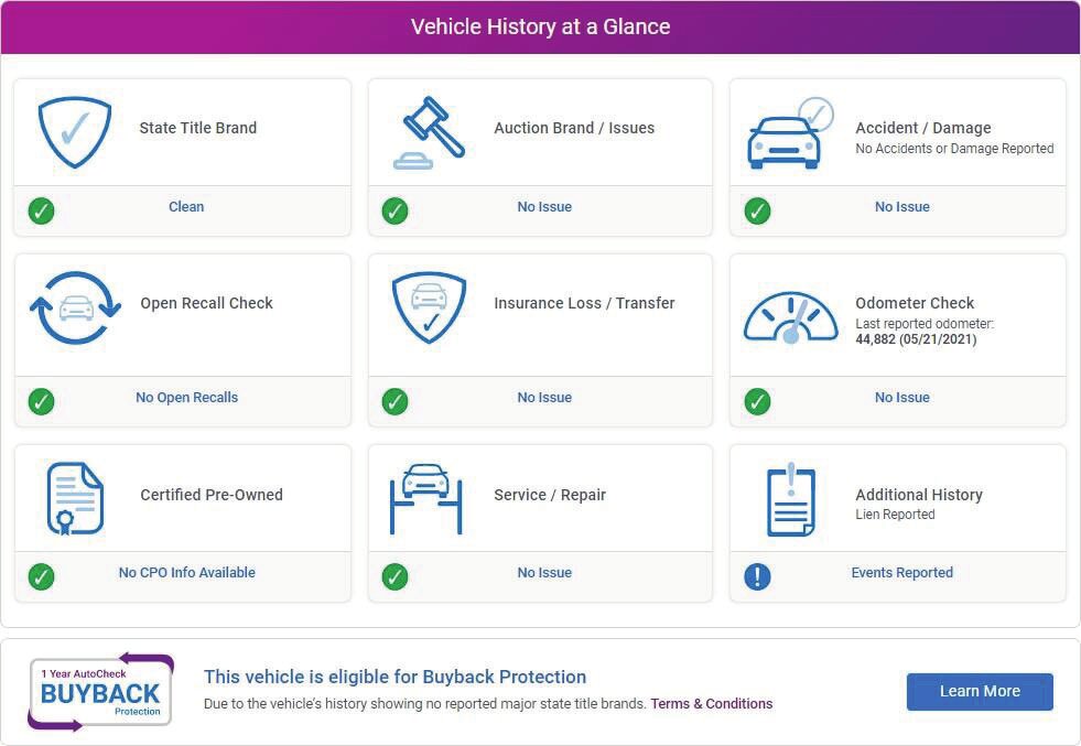 AutoCheck vehicle history report example