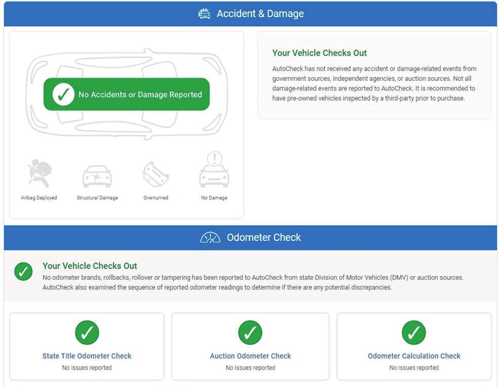 AutoCheck vehicle history report example