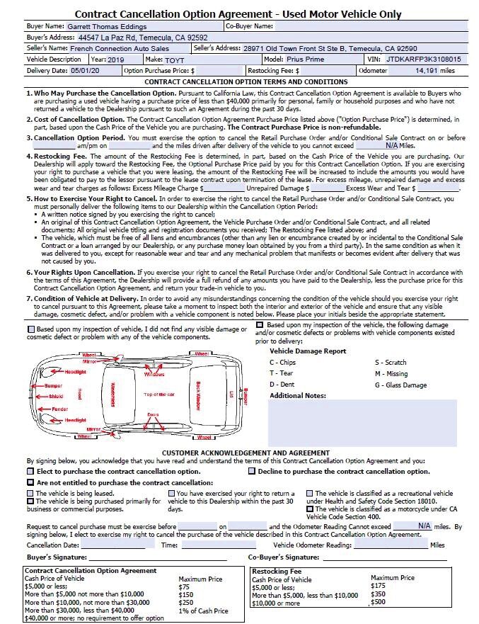 Contract Cancellation Option form example