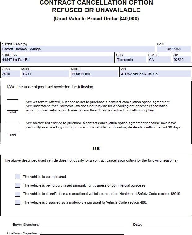 Contract Cancellation Option Refused form