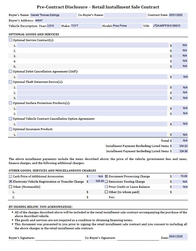 Optional Products and Services Disclosure form example