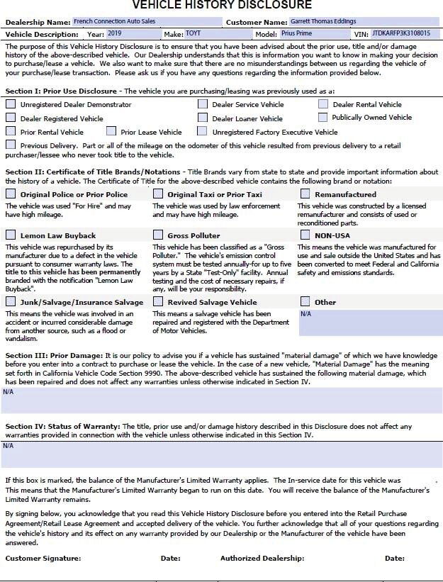 Used Vehicle History Disclosure form