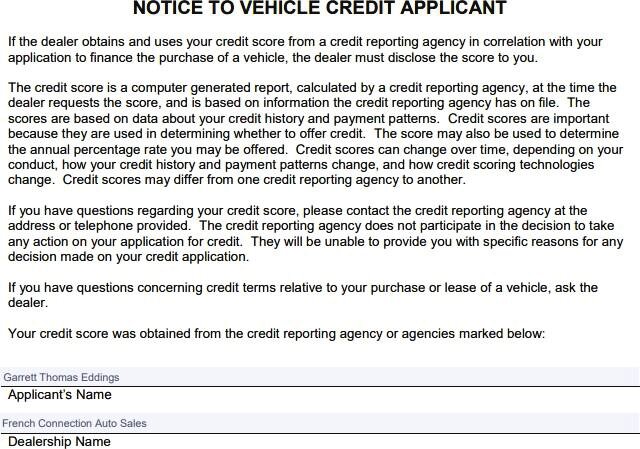 Notice to Vehicle Credit Applicant form
