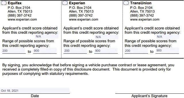 Notice to Vehicle Credit Applicant form