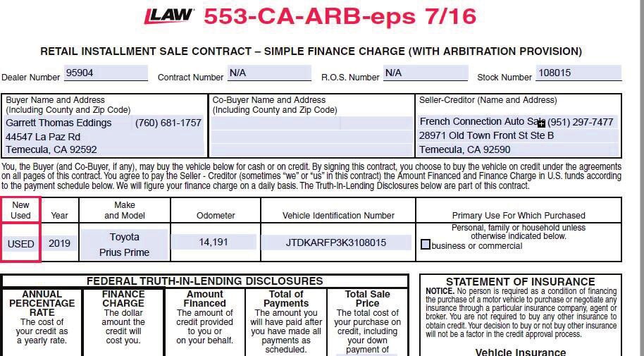 Federal Truth-In-Lending disclosures section of the conditional sales contract