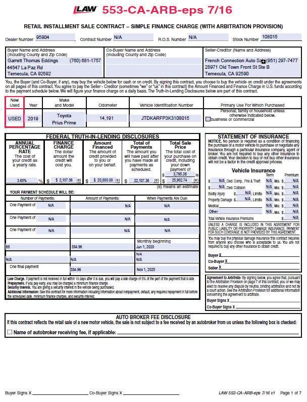 First page of a conditional sales contract example