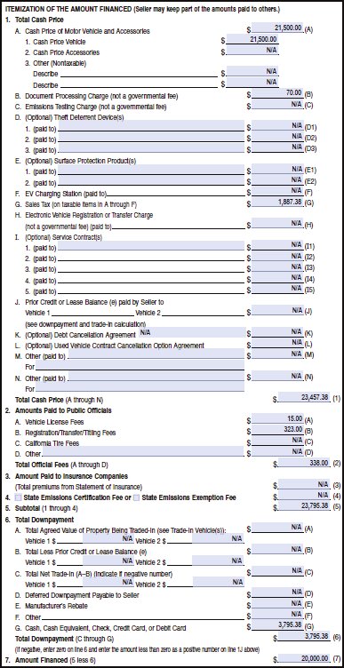 Itemized cost breakdown on the conditional sales contract