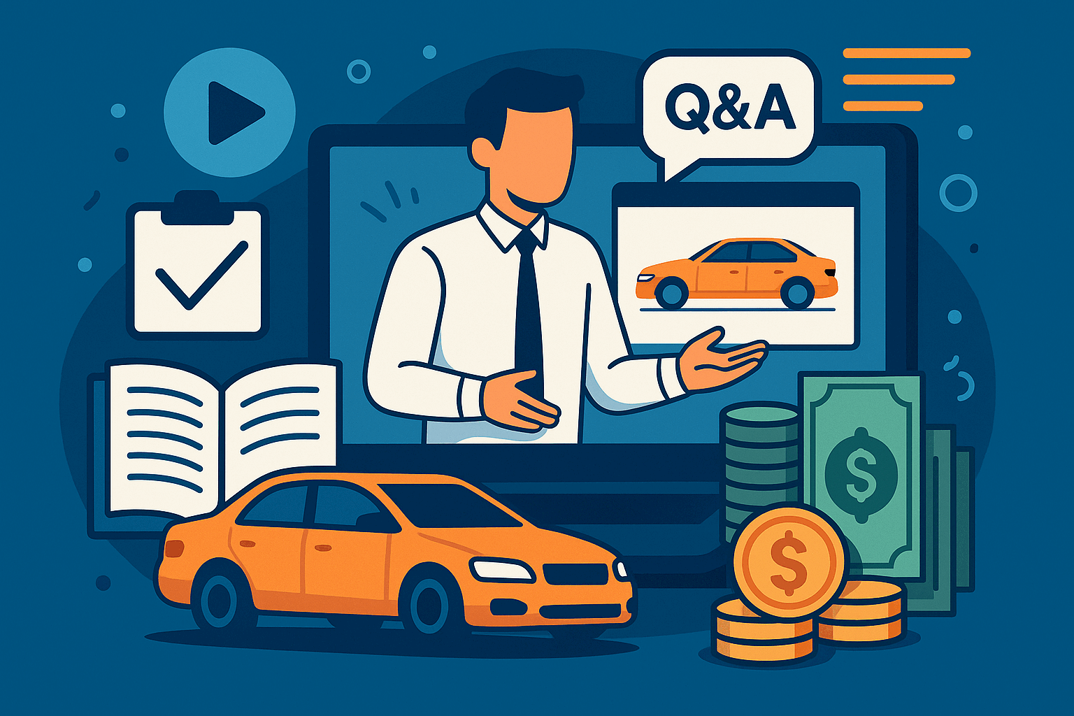 Graphic showing illustration of cars, book, video, webinar and teacher